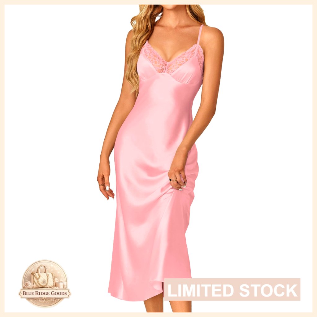 Satin V-Neck Lace Trim Chemise Nightgown With Adjustable Spaghetti Straps